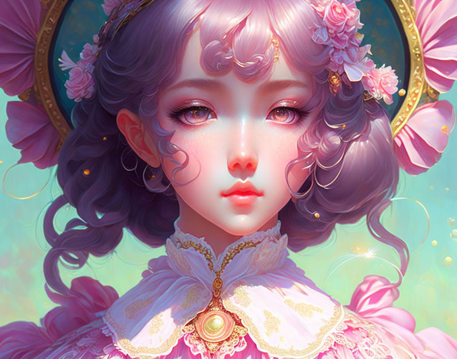 Ethereal female with lavender hair and pink roses against pastel background