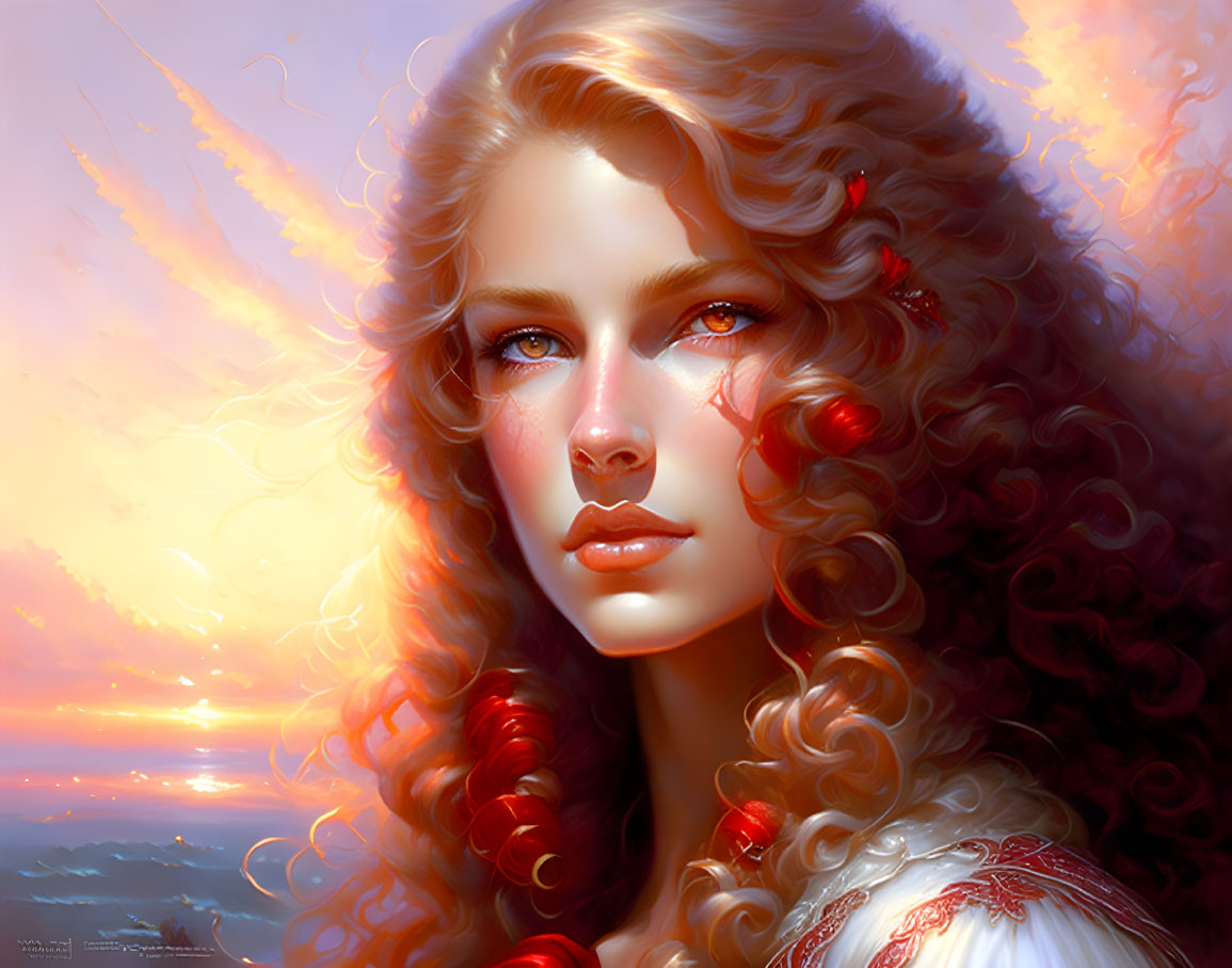 Illustrated portrait of woman with wavy red hair and red eyes in serene expression.