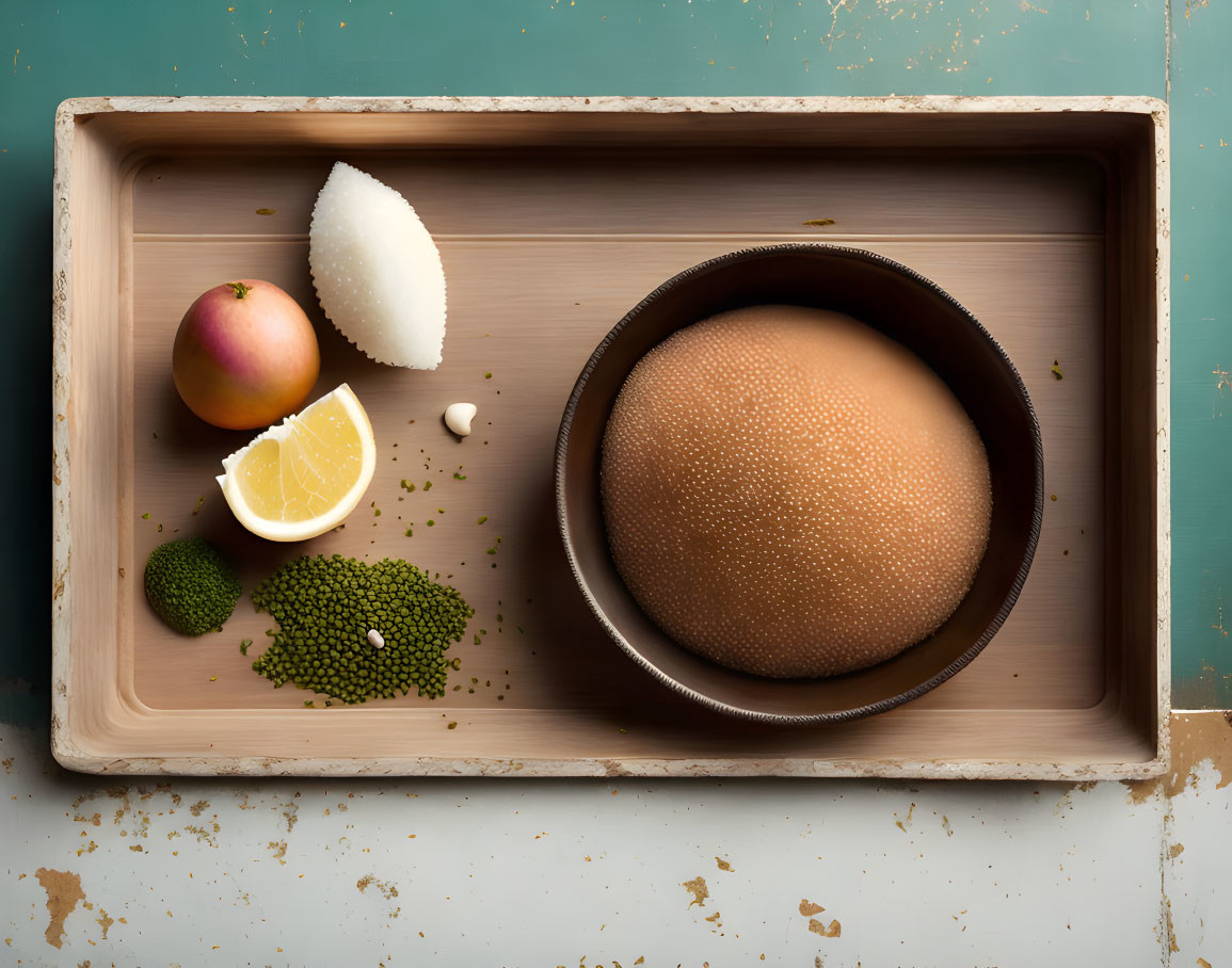 Tray with Pomelo, Mango, Lemon, and Peppercorns on Distressed Surface