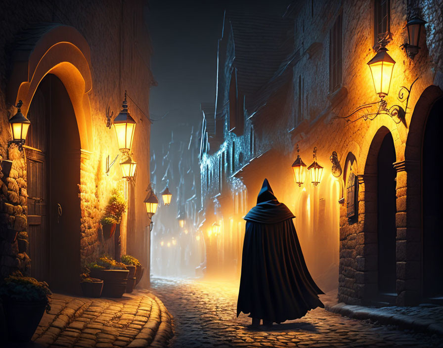 Cloaked figure in cobblestone alley under warm lantern light