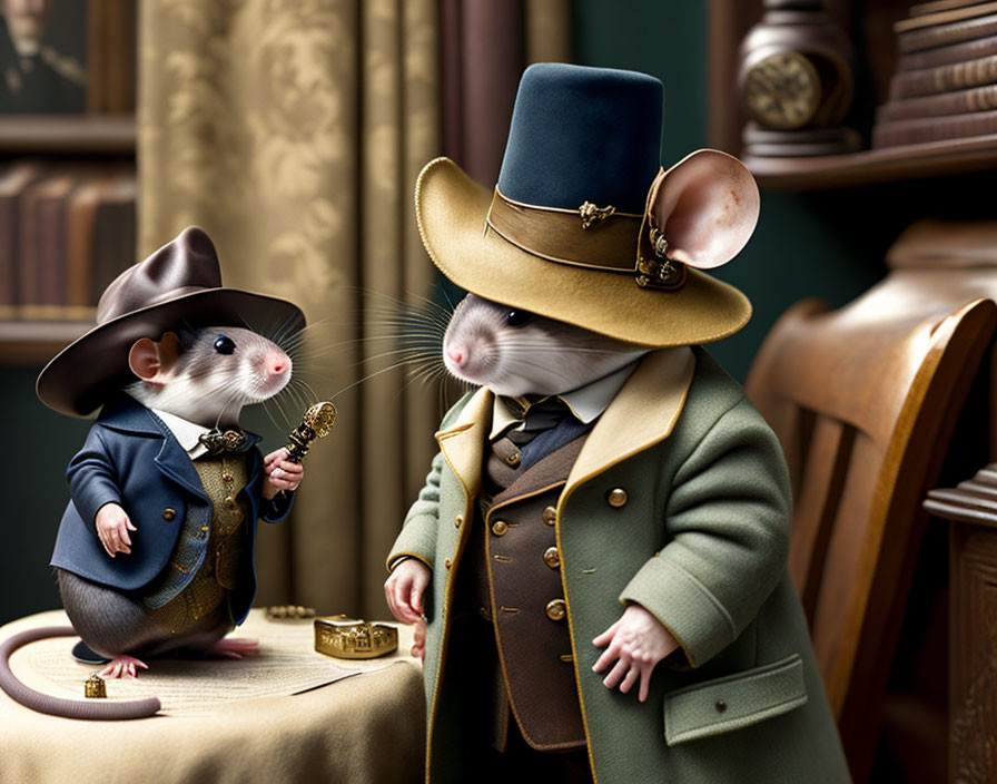 Vintage-themed anthropomorphic mice in suits conversing with magnifying glass in old-fashioned scene