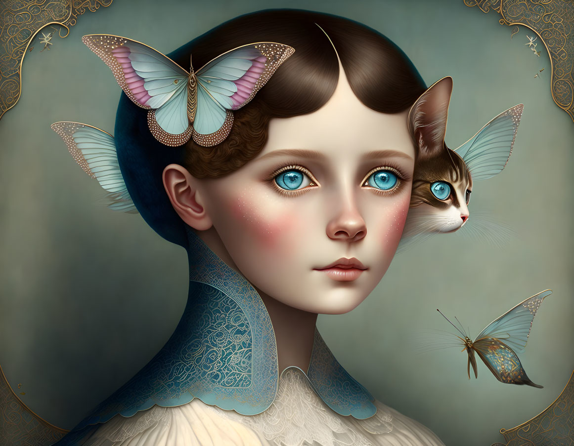 Surreal portrait featuring girl with blue eyes, butterfly ear, cat on shoulder, ornate background