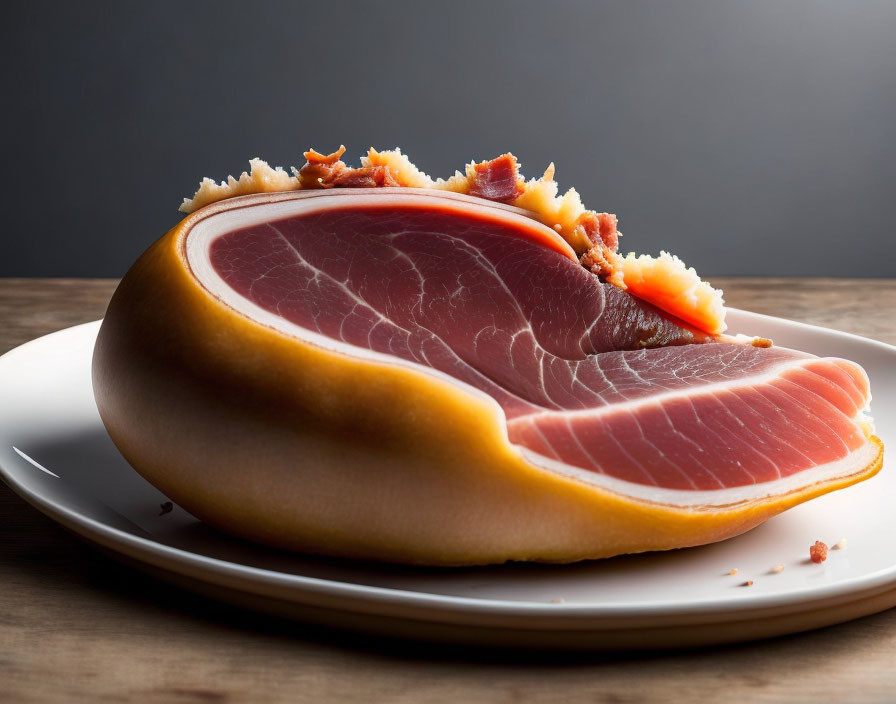 Marbled texture prosciutto slice on white plate