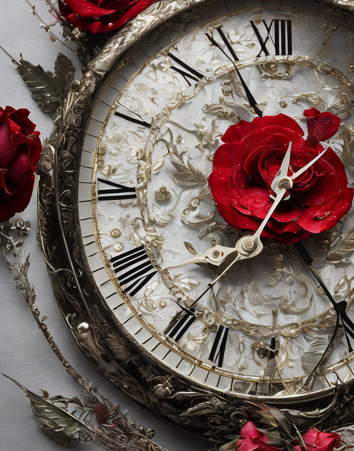 Ornate clock with Roman numerals and red roses design