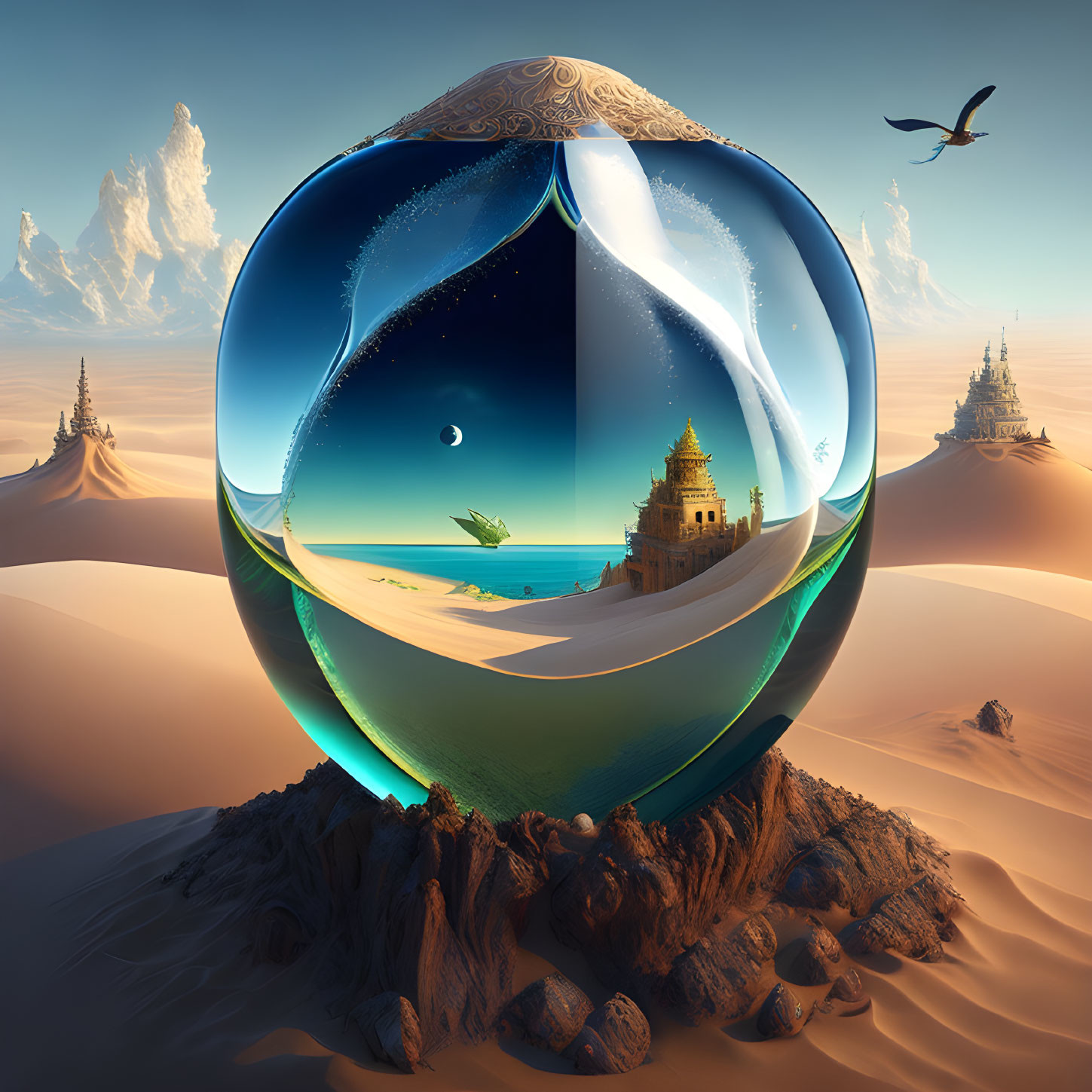 Surreal desert landscape with translucent spherical seascape contrast