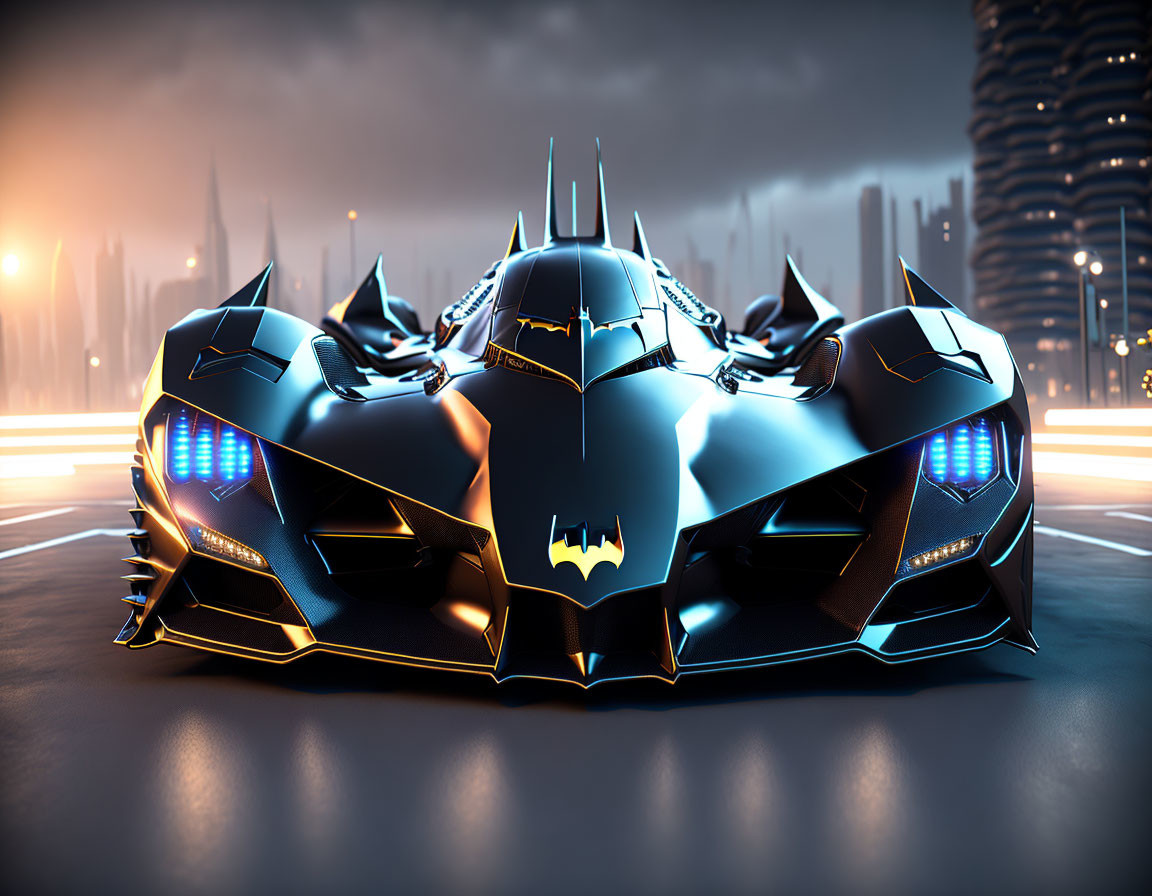 Futuristic Batmobile with aggressive design on twilight road