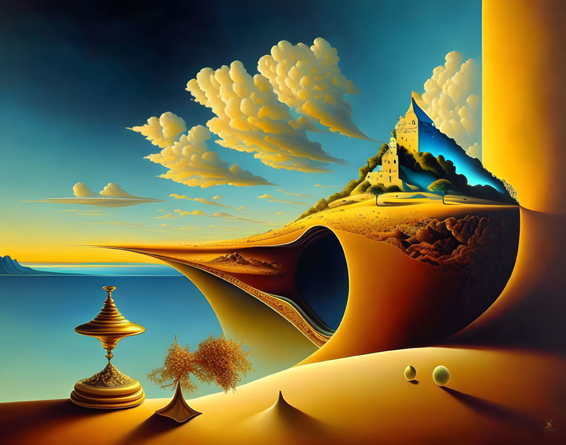 Surreal landscape featuring melting trumpet, floating spheres, castle, tree, and gold vessel by ocean