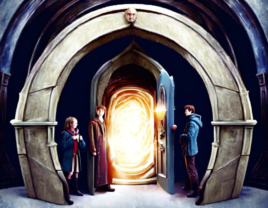 Three figures at enchanted door with swirling portal.