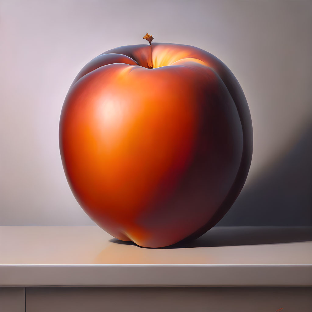 Hyper-realistic painting of large red apple on grey table