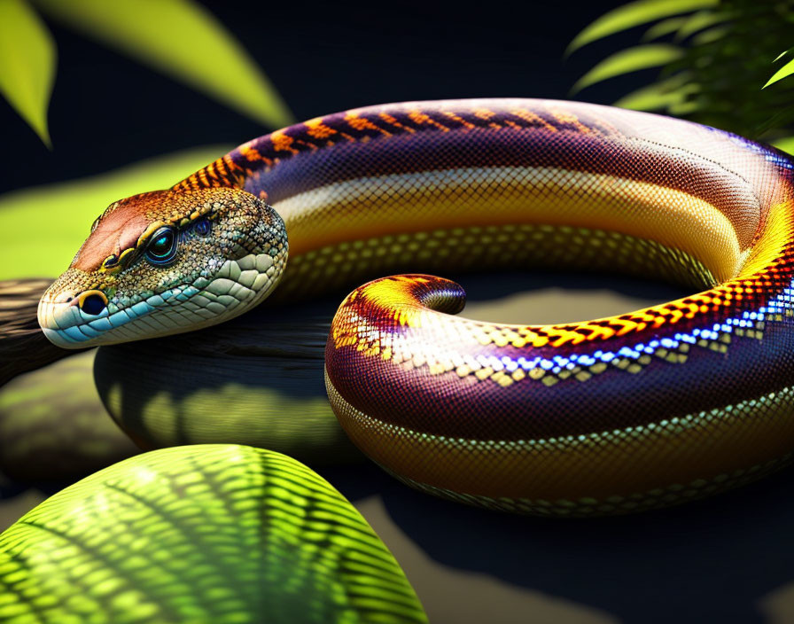 Vibrant coiled snake in greenery with iridescent scales