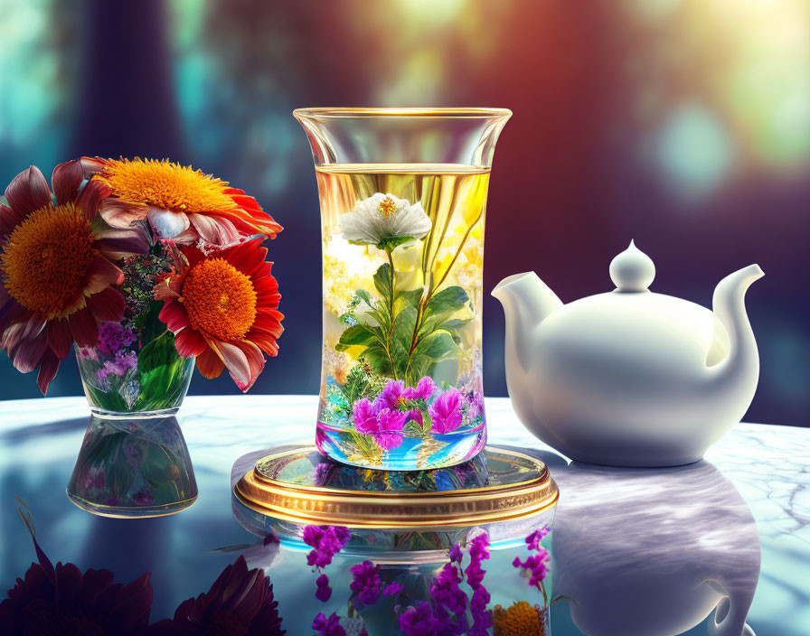 Colorful Still Life: Flowers, Floral Water, Teapot on Marble Surface