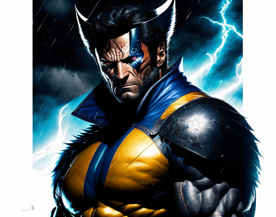 Fierce superhero with claws in blue and yellow suit, masked face, lightning background