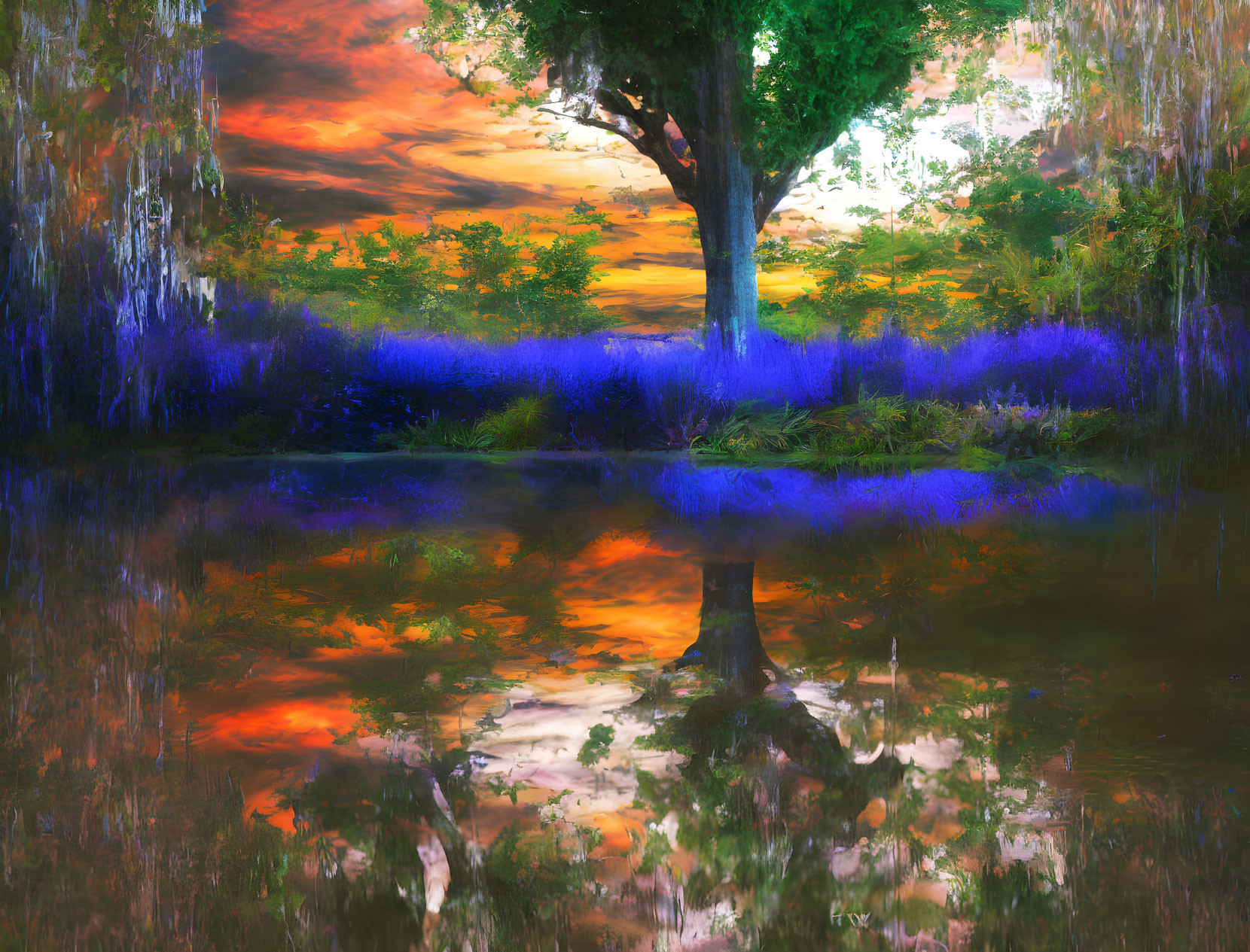 Dramatic landscape with reflective water, solitary tree, and colorful flora