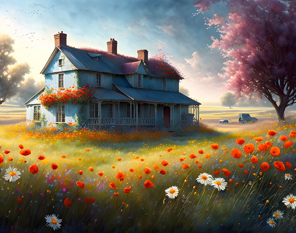 Vintage two-story house in blooming field with red poppies and daisies.