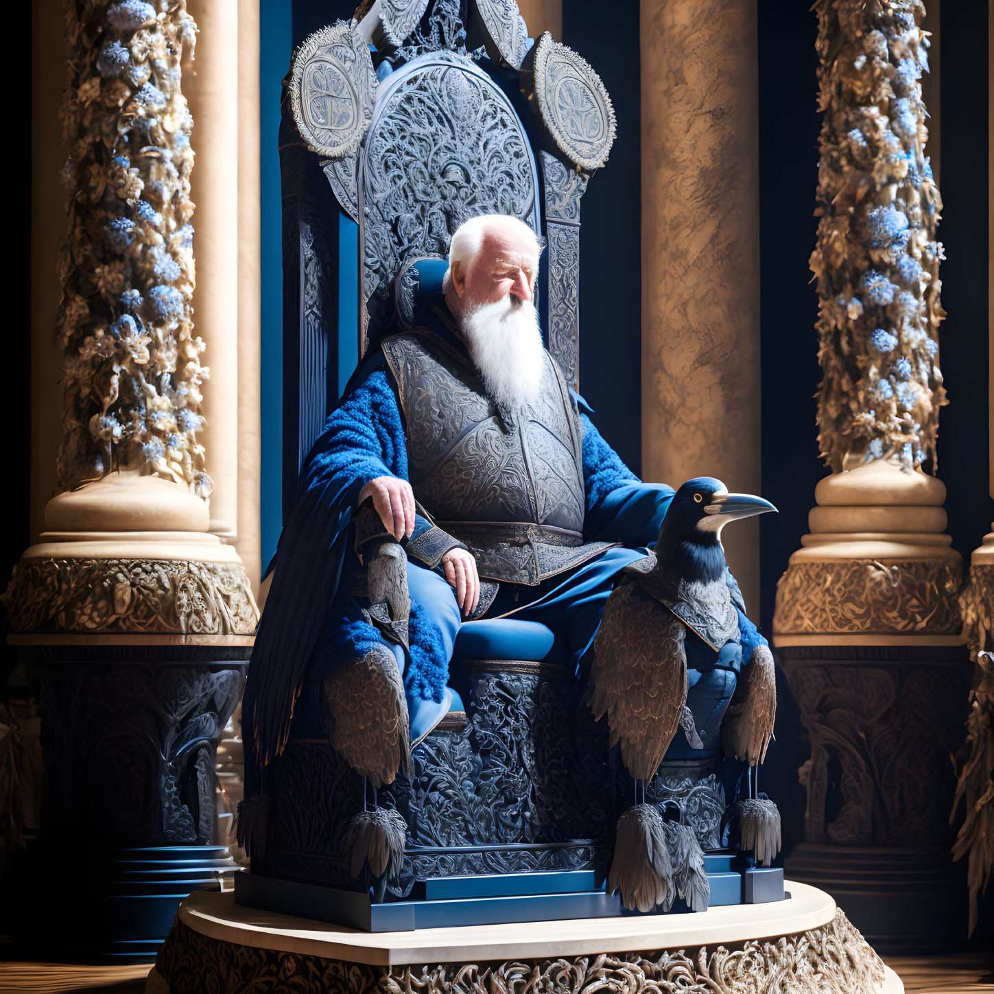 Elderly man with white beard on ornate throne with raven companion