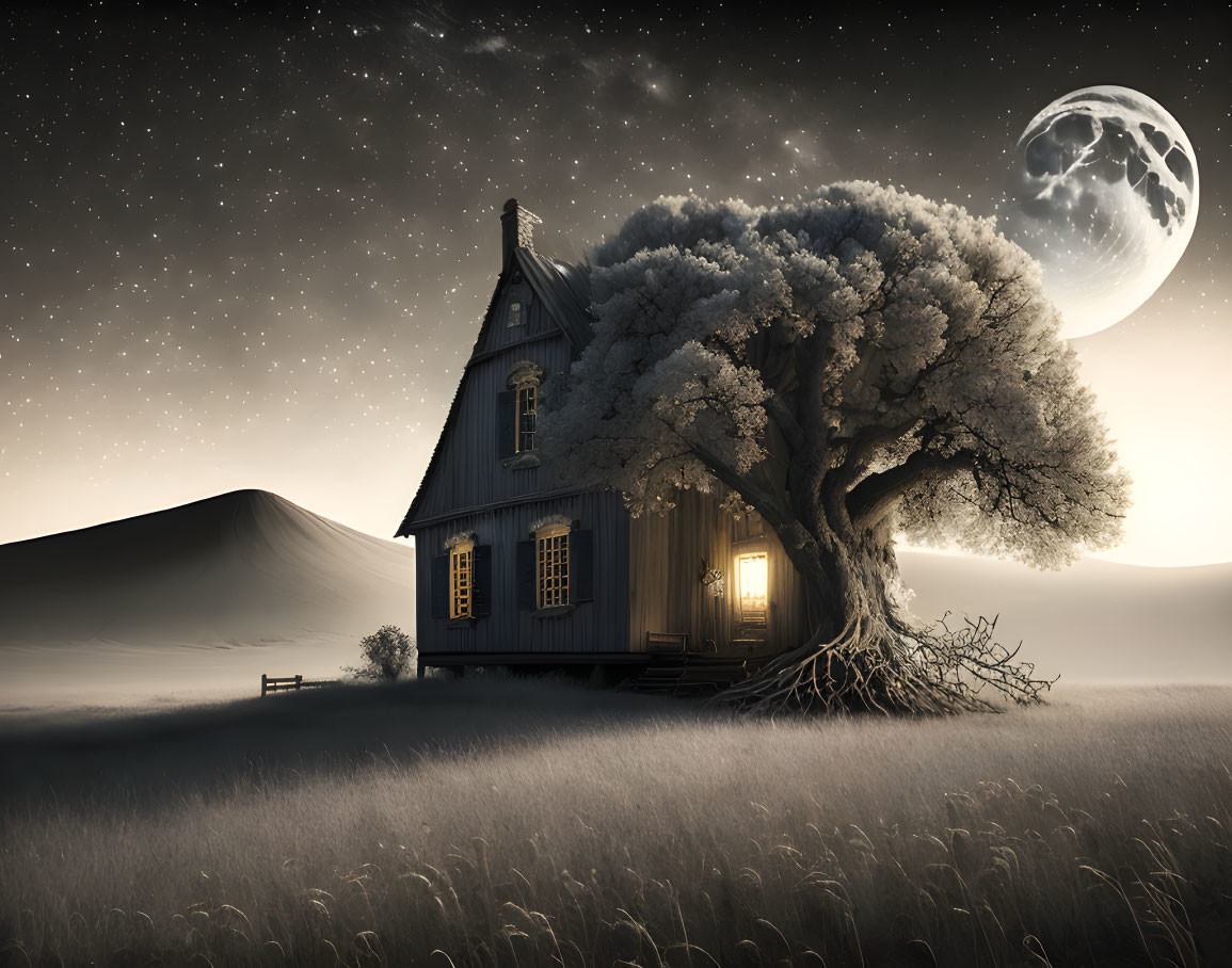 Surreal night scene with cozy house, large tree, luminous windows, starry sky,