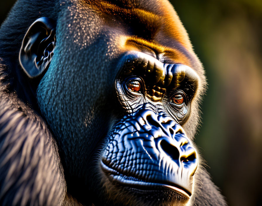 Gorilla's face in warm sunlight with thoughtful expression