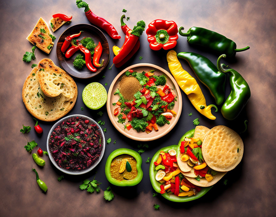 Colorful Vegetable Platter with Dips and Bread on Dark Surface