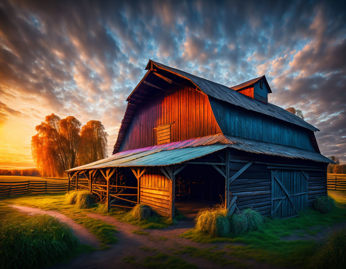 Sunset scene of rustic barn in golden light, vibrant skies, lush grass, and pathway.