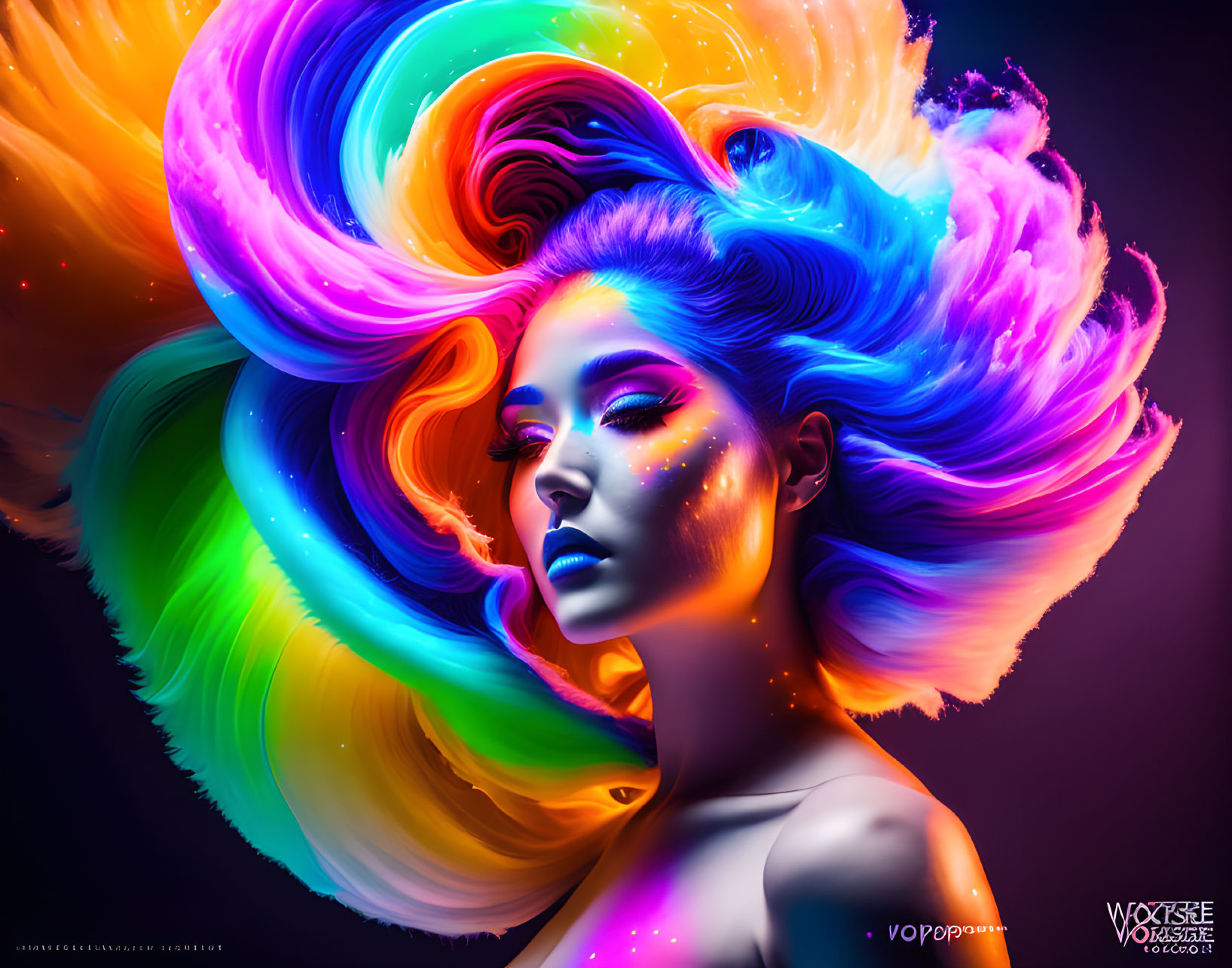 Colorful digital artwork: Woman with neon hair in cosmic wave on dark background