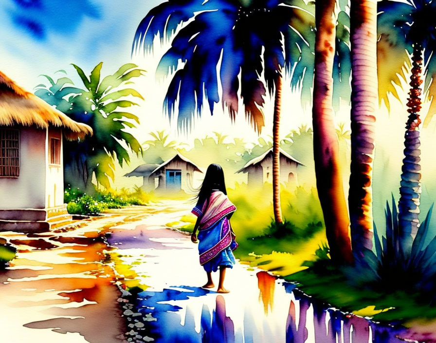 Child walking on path with puddles, palm trees, huts - vibrant watercolor scene