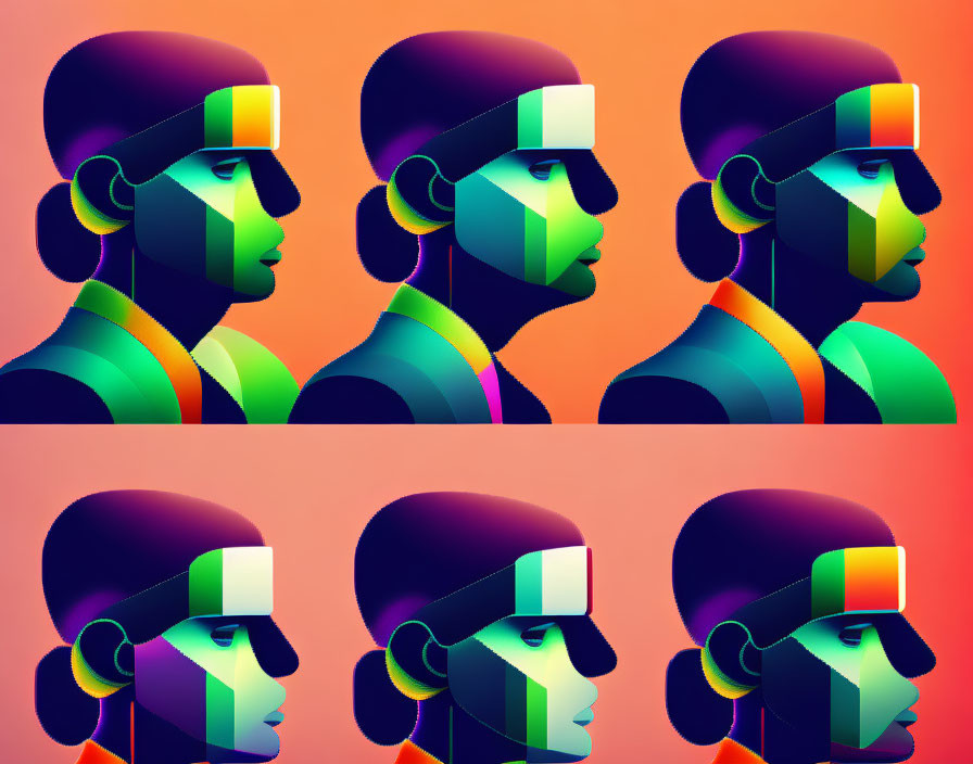 Stylized colorful digital face profile views in two rows