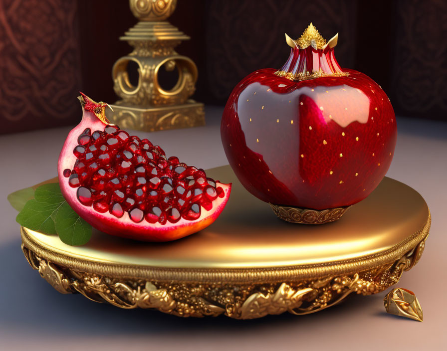 Digitally-rendered pomegranate slices and ornate object on gold tray