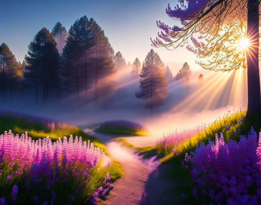 Sunrise over misty pine trees and purple flowers on a winding path