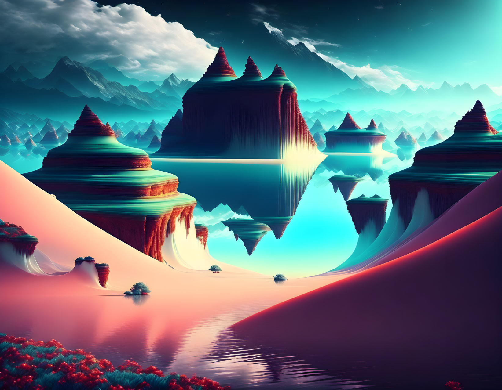 Surreal landscape with layered rocks, mirror waters, colorful flora