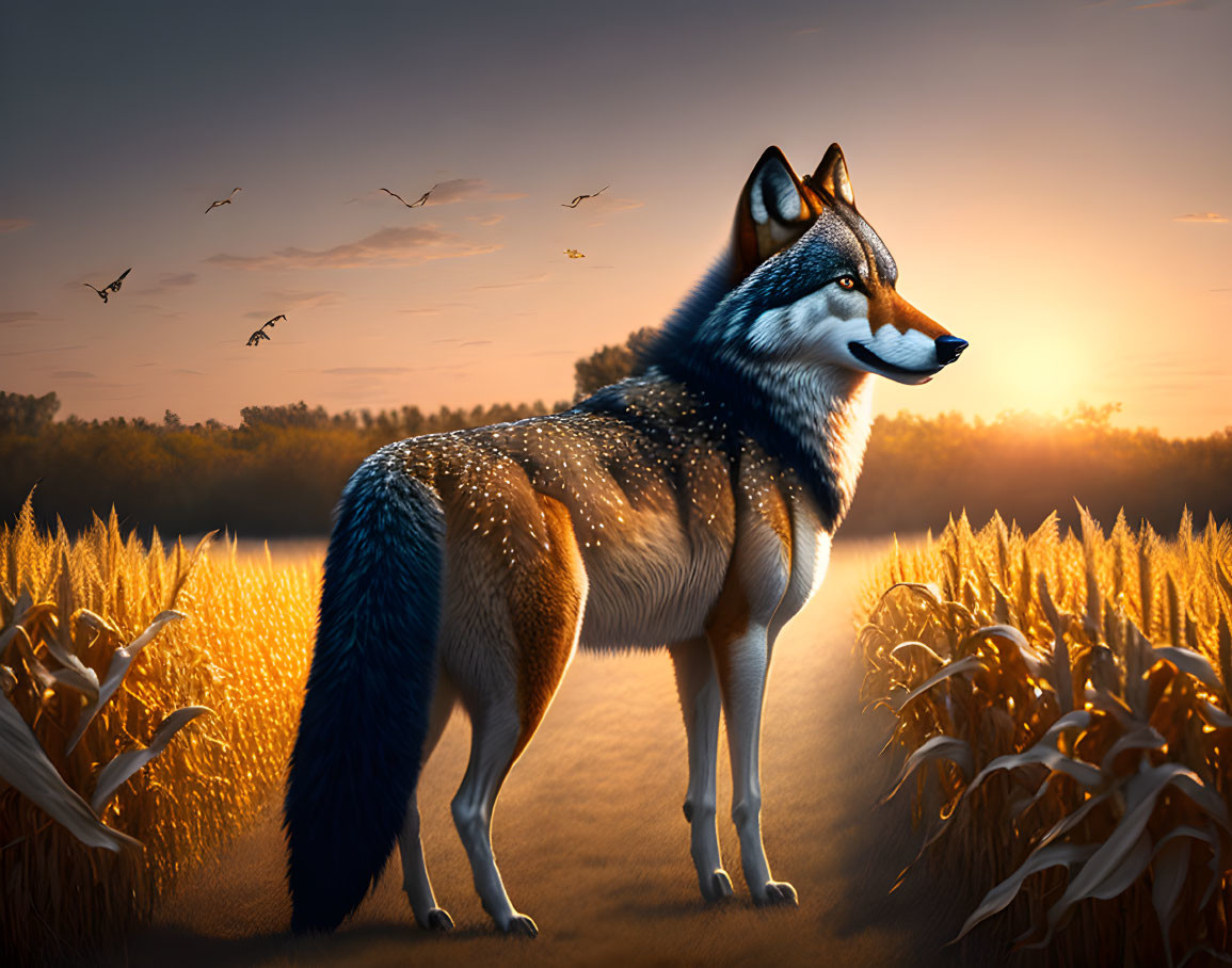 Majestic wolf in golden field at sunrise with dew and birds