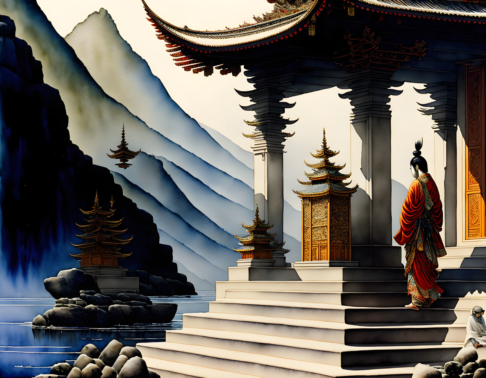 Traditional Asian architecture and misty mountain range with historical figure in serene scene