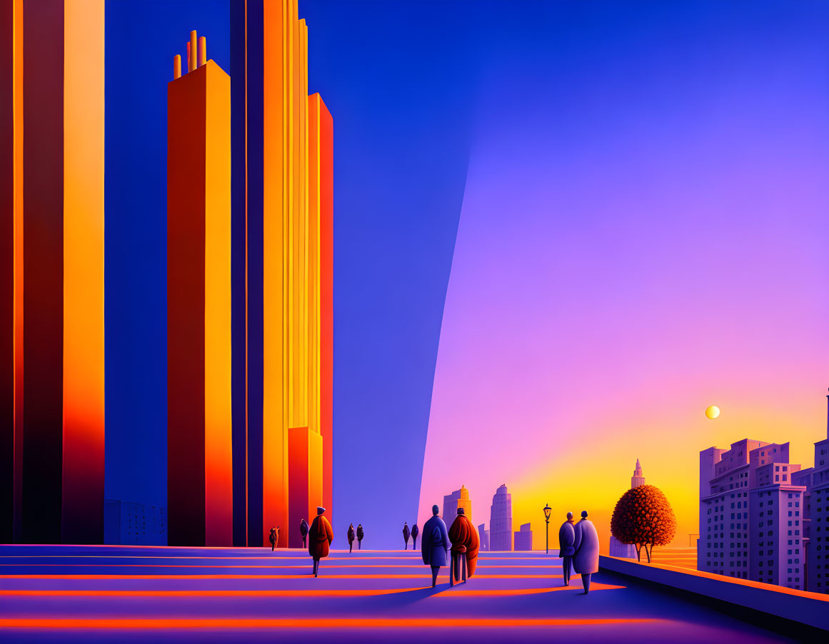 Cityscape Sunset Silhouette with Walking Figures and Vibrant Sky Gradient