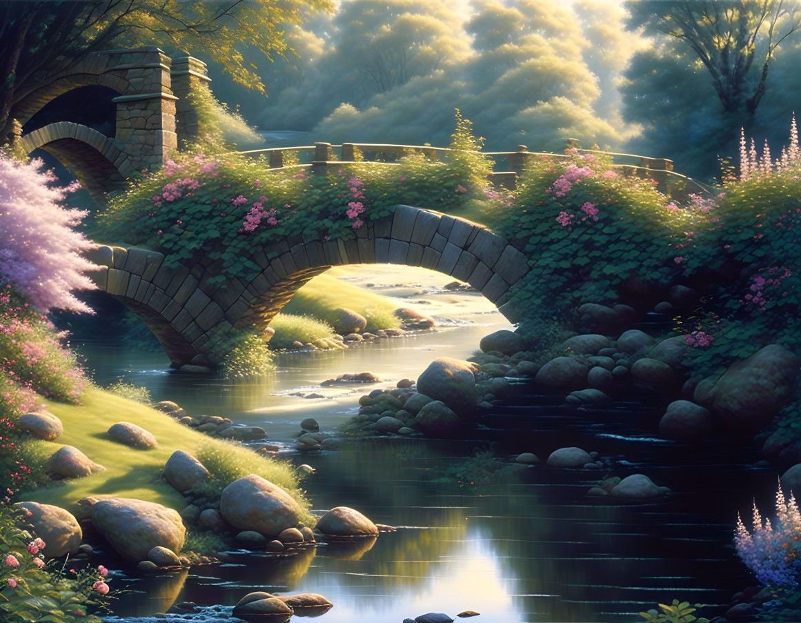 Stone bridge with flowers over serene stream in lush landscape