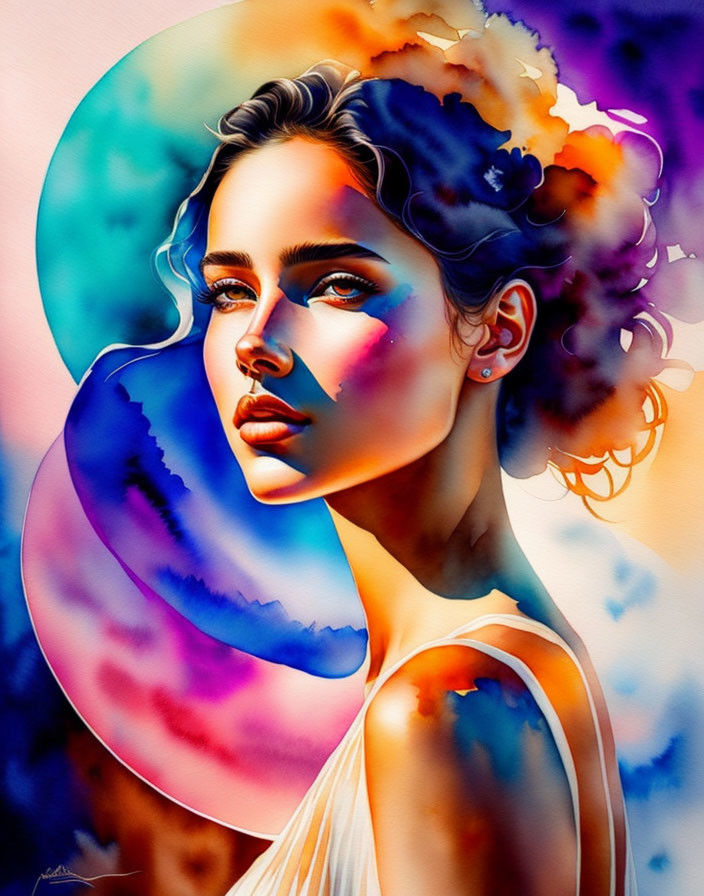 Colorful Watercolor Portrait of Woman on Warm Background