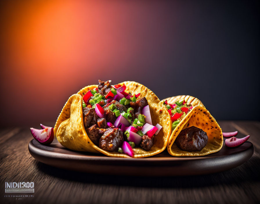 Meat-filled tacos with red onion and cilantro on ceramic plate