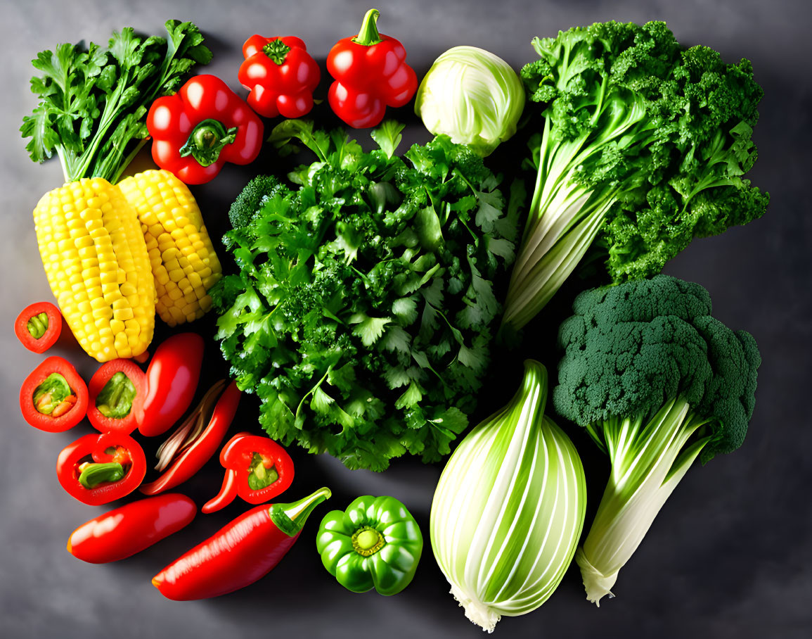 Colorful Fresh Vegetables: Tomatoes, Corn, Chili Peppers, Parsley, Fenn