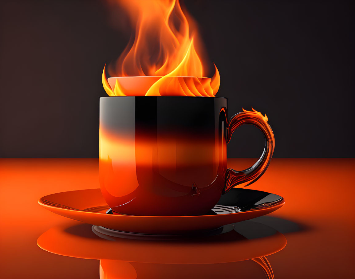 Digital artwork of black and orange mug with fiery flames on saucer against dark background