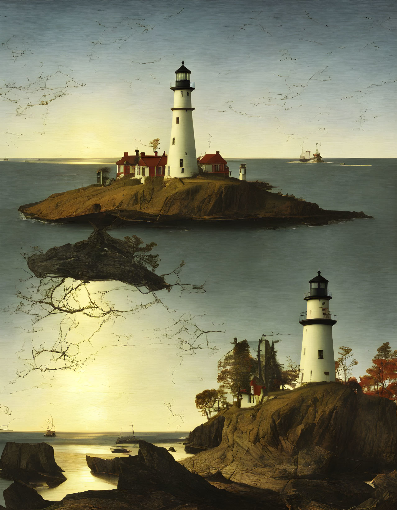 Lighthouse painting with two views: daytime sky above, sunset sky below.