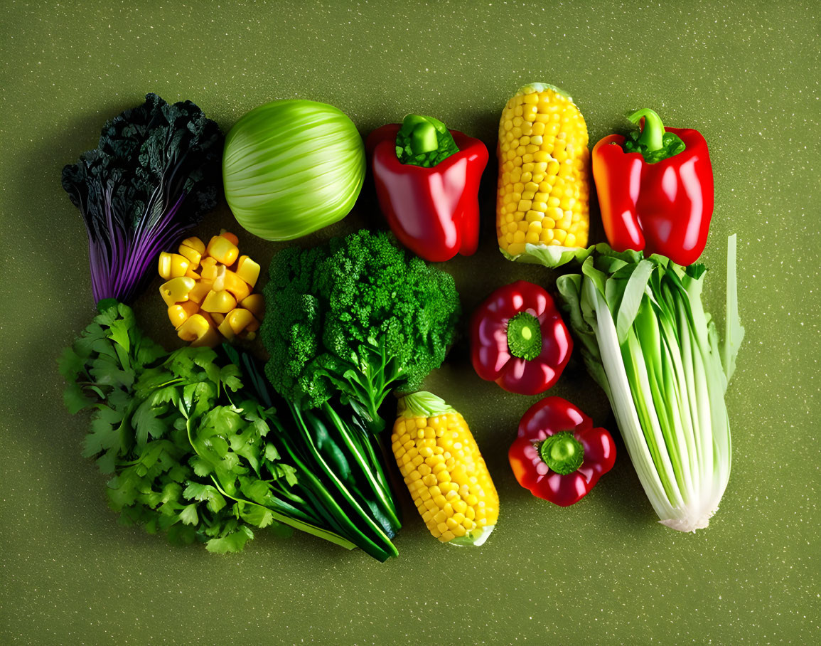 Various Fresh Vegetables on Green Background: Corn, Peppers, Broccoli, Celery, Let