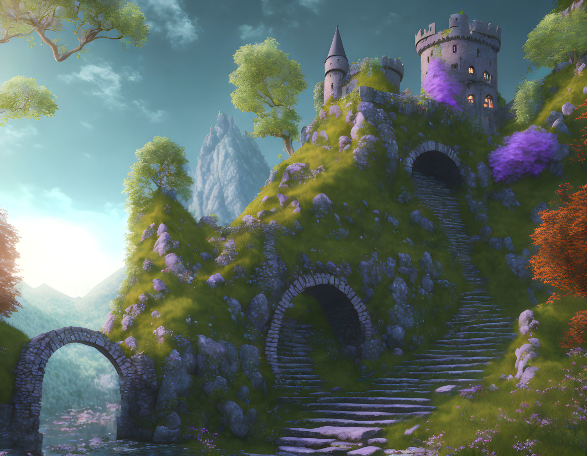 Fantasy landscape with castle, bridges, trees, and mountain.