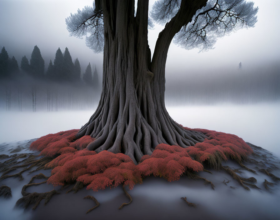 Majestic tree with intricate roots in mystical foggy landscape