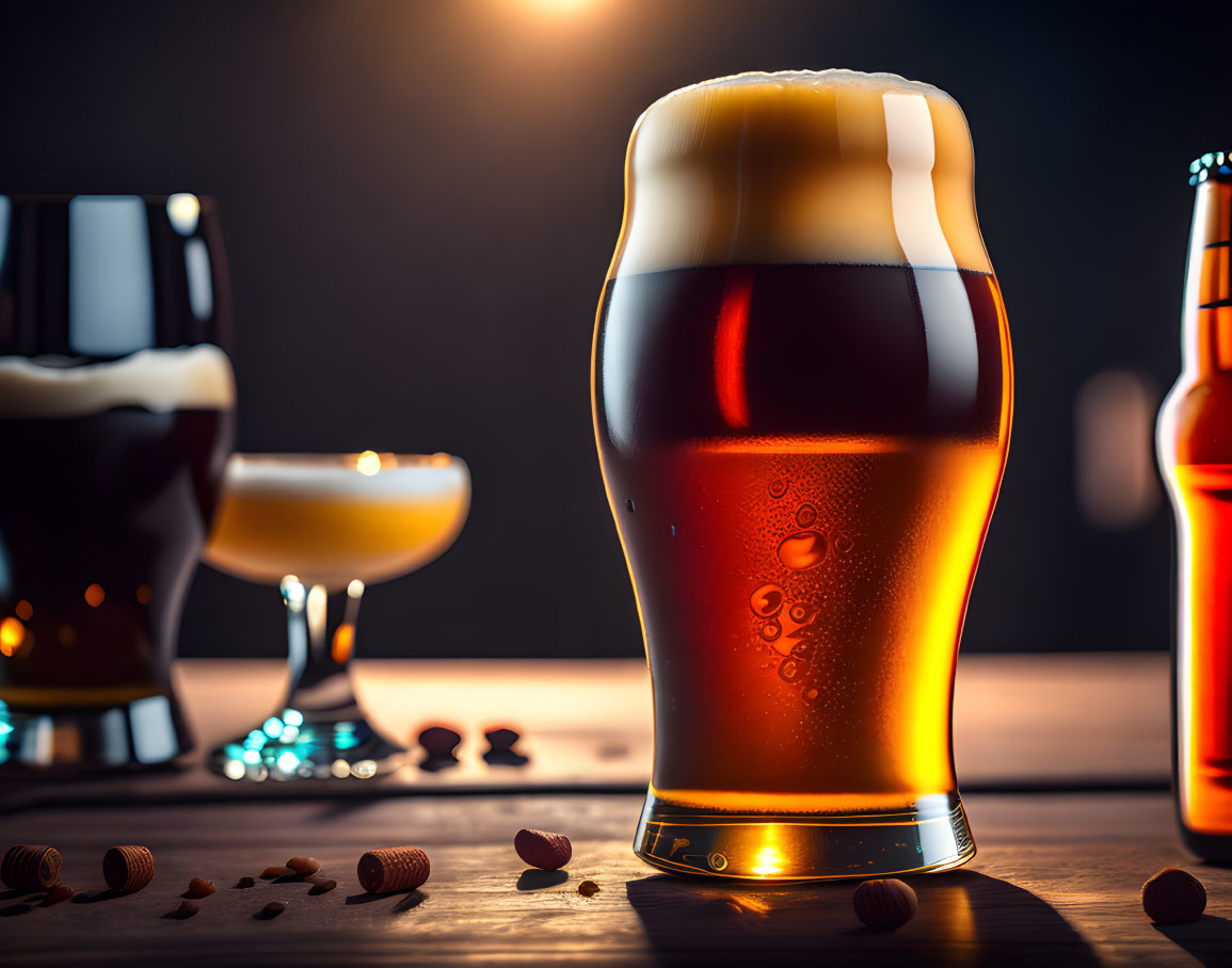 Frothy beer glass surrounded by bottles and nuts on dark background