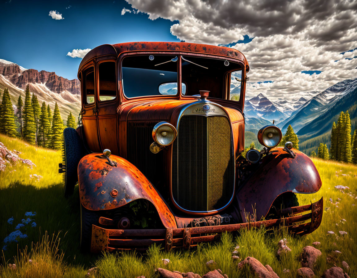 Rusty vintage car in mountain meadow under dramatic sky