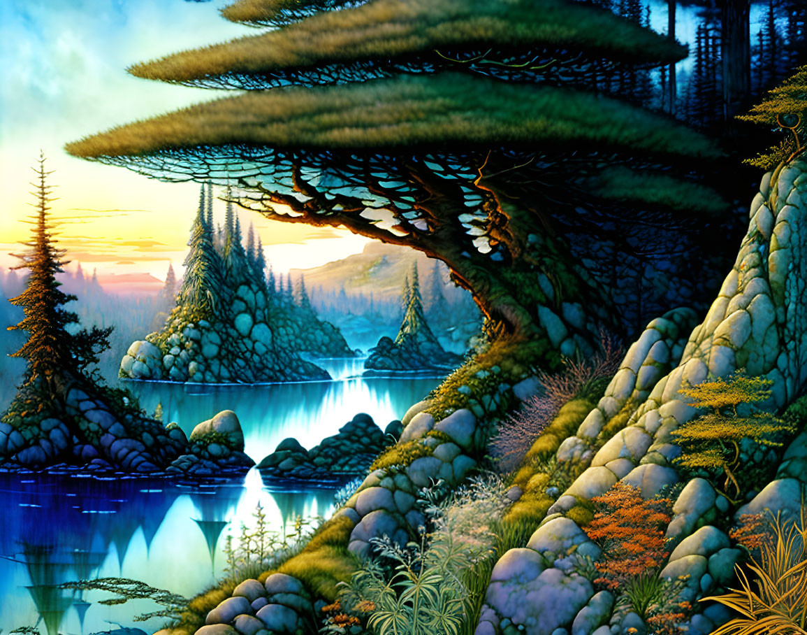 Fantasy landscape with moss-covered cliffs, lake, sunset, and tall trees