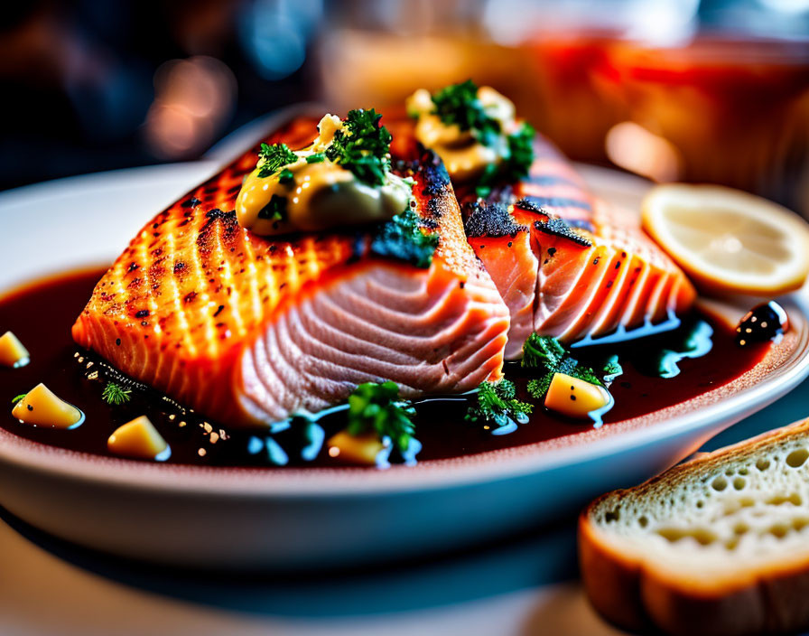 Herb-Topped Grilled Salmon Fillets with Lemon and Bread Plate