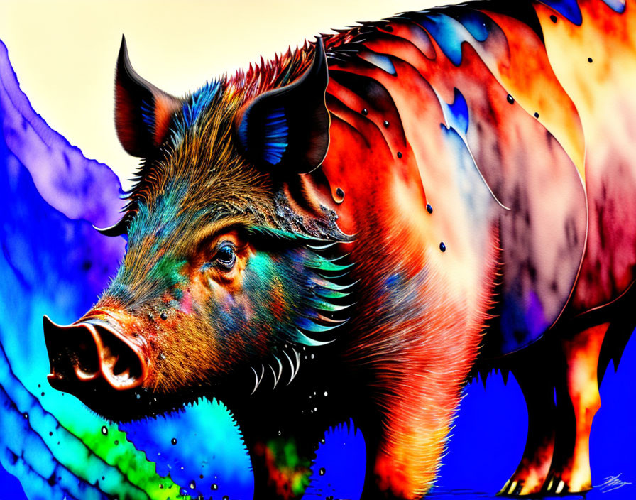 Colorful wild boar digital painting on abstract background