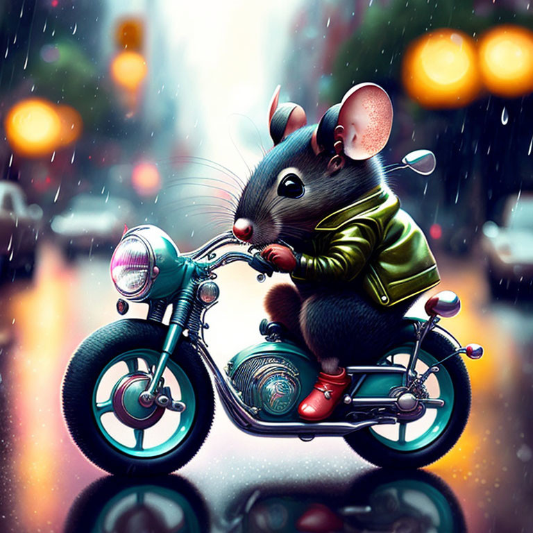 Anthropomorphic mouse in green jacket rides motorcycle on wet street at night.