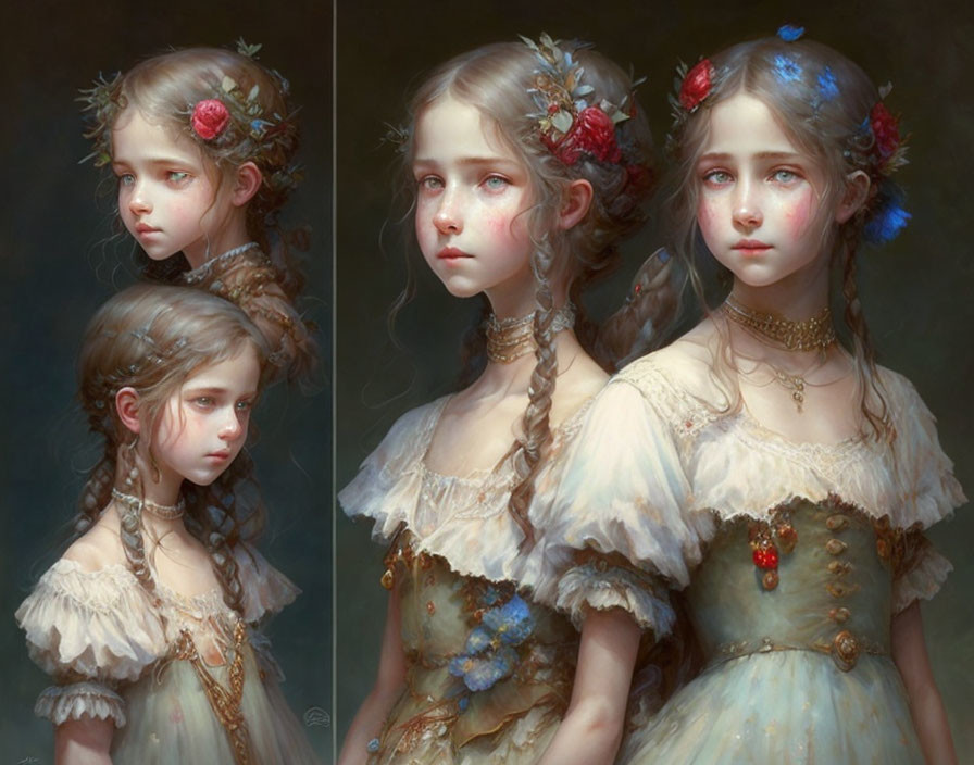 Three portraits of a girl with braided hair and vintage dress in varying poses and expressions.