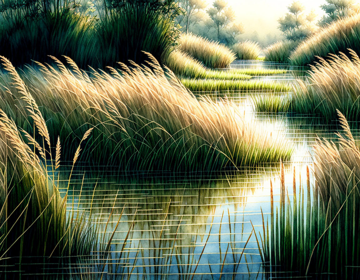 Tranquil wetland scene at sunrise with tall grasses and calm waters