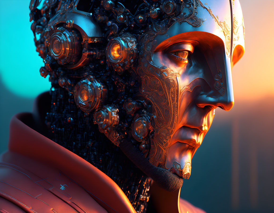 Detailed Close-Up of Futuristic Ornate Android's Metallic Head